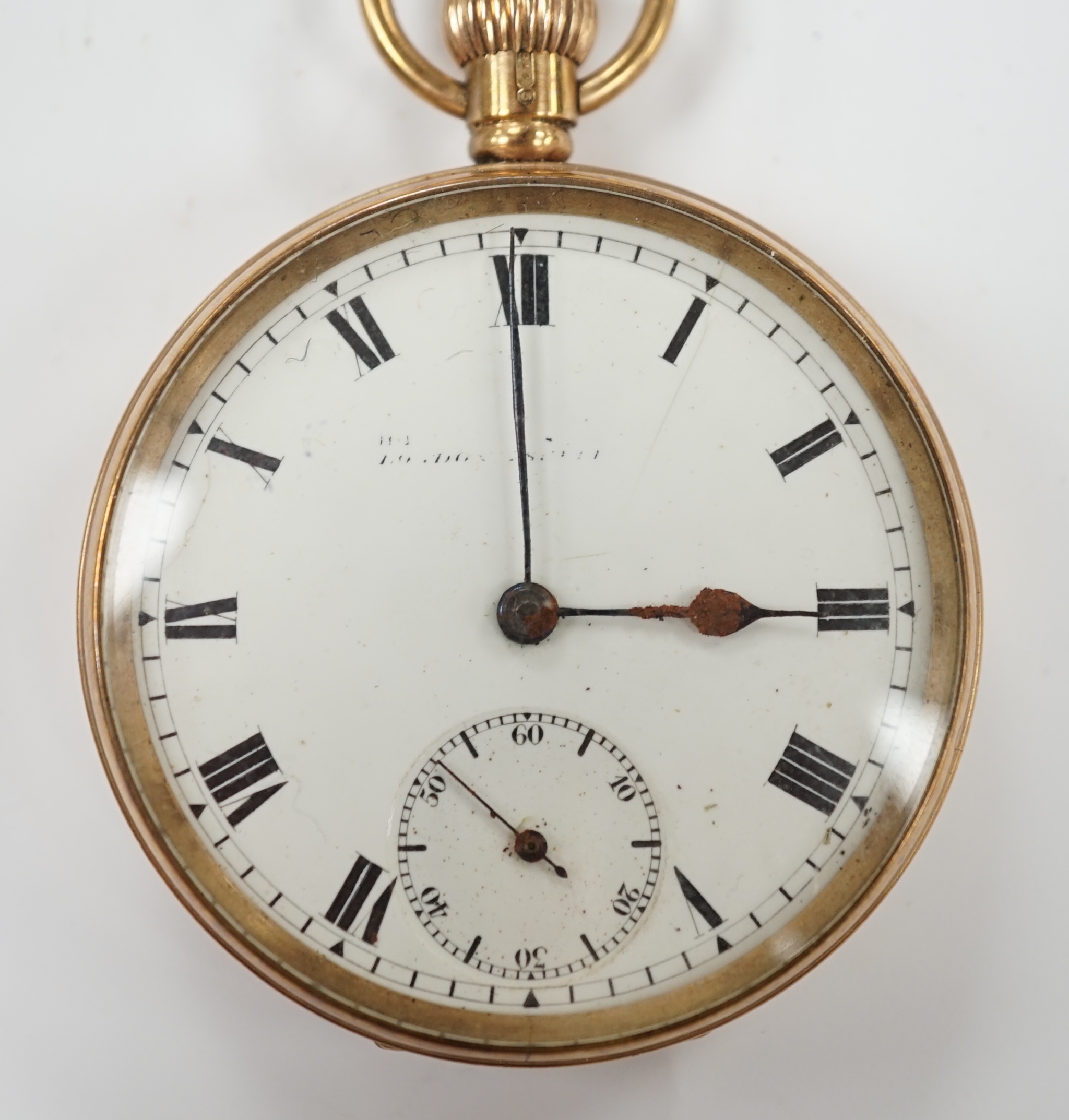 A George V 9ct gold open face keyless pocket watch, with Roman dial and subsidiary seconds, case diameter 48mm, gross weight 78.9 grams.